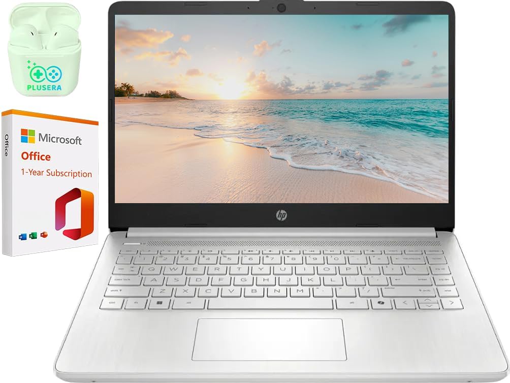 Ordinateur compact portable professionnel HP 14 LED, 16 Go de RAM, 640 Go de stockage (128 Go UFS + carte SD de 512 Go), processeur Intel Quad-Core N150, Windows 11 S et abonnement d'un an à Microsoft Office 365 inclus, écouteurs PLUSERA argentés