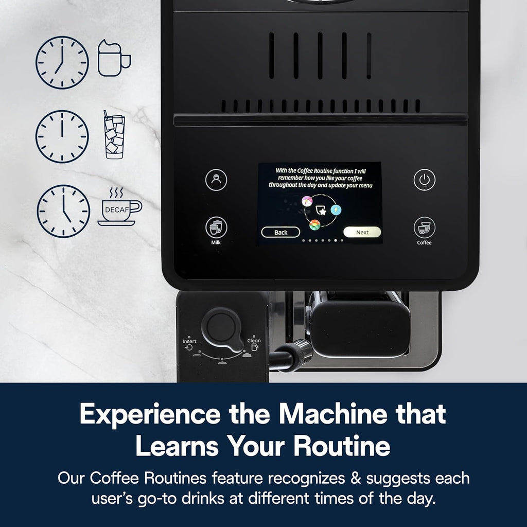 Machine à expresso automatique De'Longhi Rivelia doté de broyeur et mousseur à lait – Machine à café tout-en-un, latte chaud et glacé, cappuccino, système de sélection des grains, broyeur à meules, design italien au format compact, noir