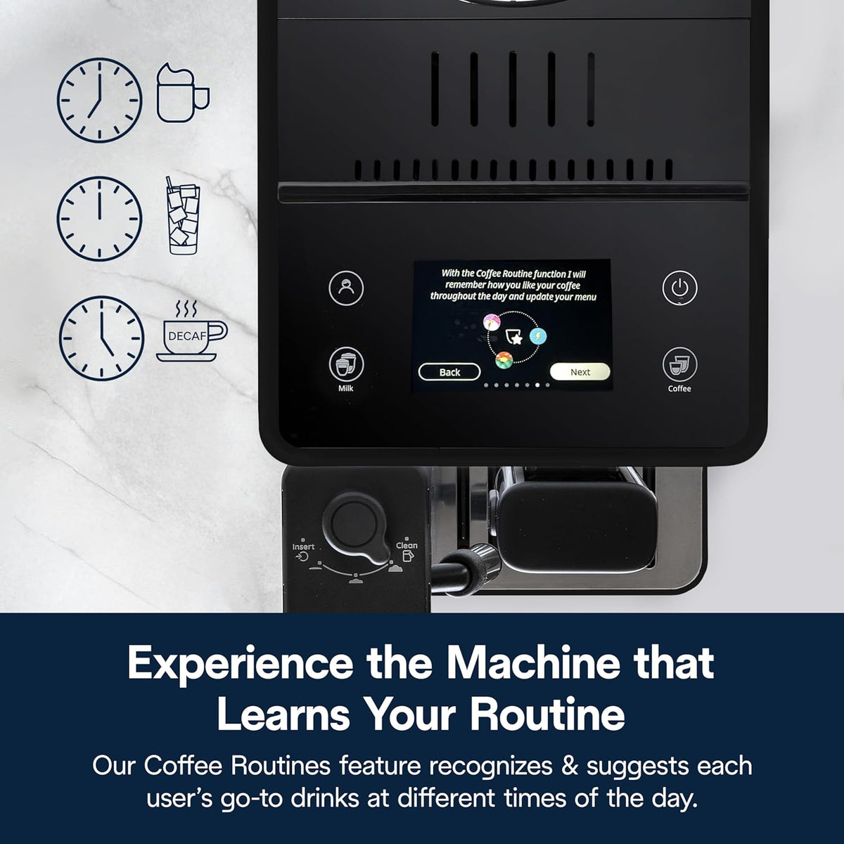 Machine à expresso automatique De'Longhi Rivelia doté de broyeur et mousseur à lait – Machine à café tout-en-un, latte chaud et glacé, cappuccino, système de sélection des grains, broyeur à meules, design italien au format compact, noir