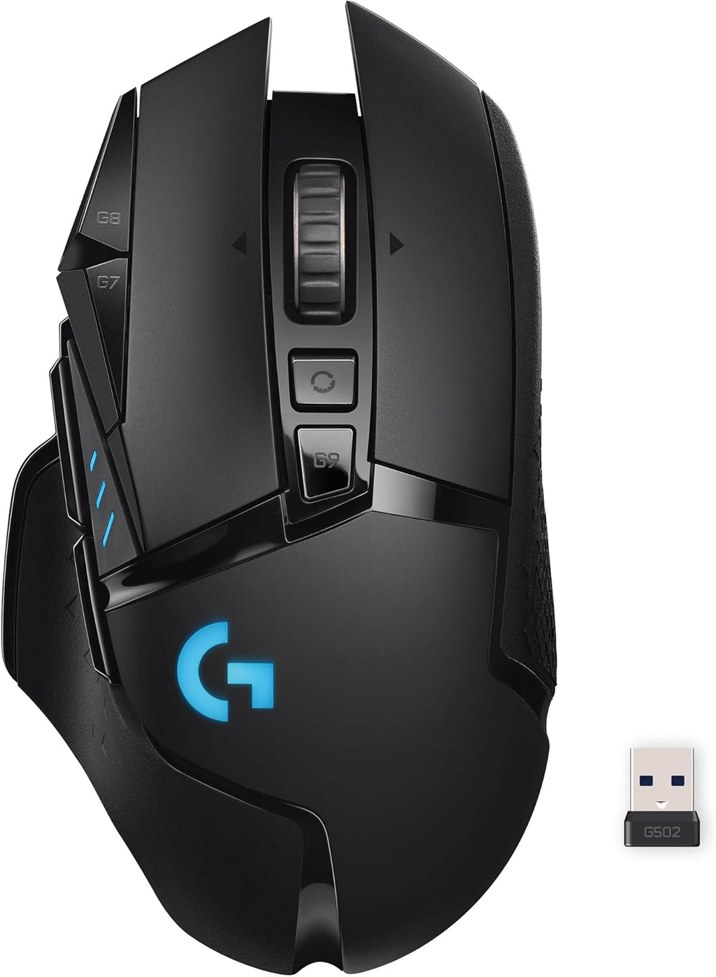 Souris gaming à connectivité sans fil Logitech G502 Lightspeed doté de capteur Hero 25K, compatible PowerPlay, poids ajustables et éclairage RVB Lightsync - Noir