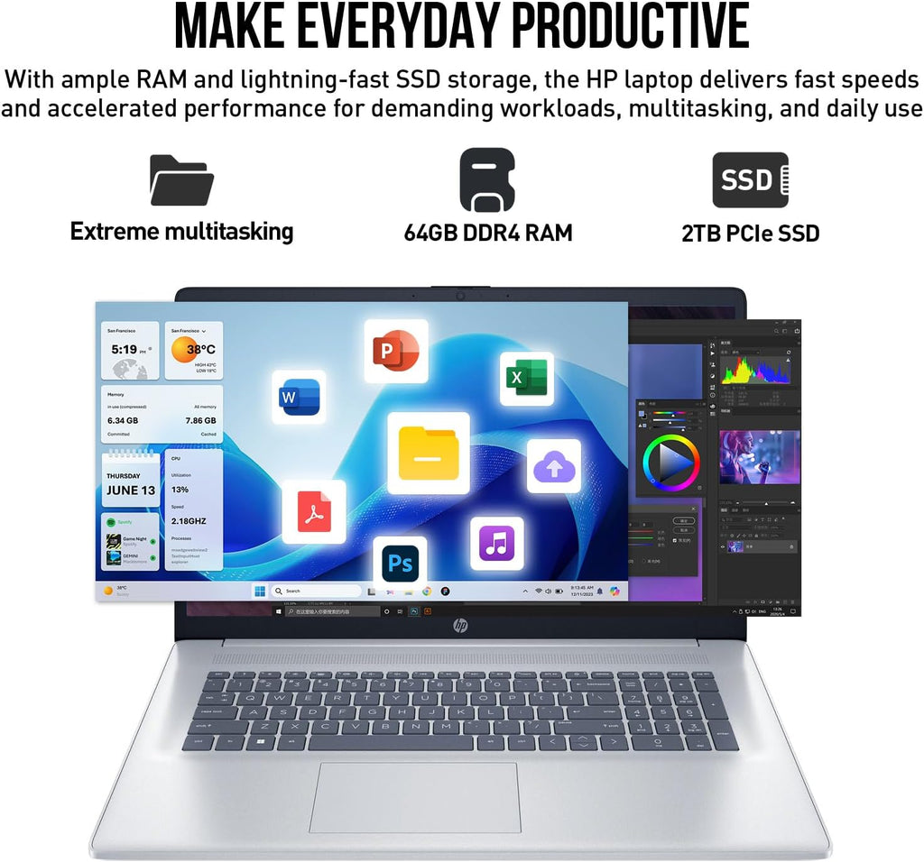Ordinateur compact portable HP PowerBook 2026 17 pouces, écran IPS FHD 17,3 pouces, PC professionnel, processeur Intel Core i7 (10 cœurs, supérieur à l'Intel Core i7-1355U de 13e génération), Windows 11 Professionnel, 64 Go de RAM, SSD de 2 To, pavé