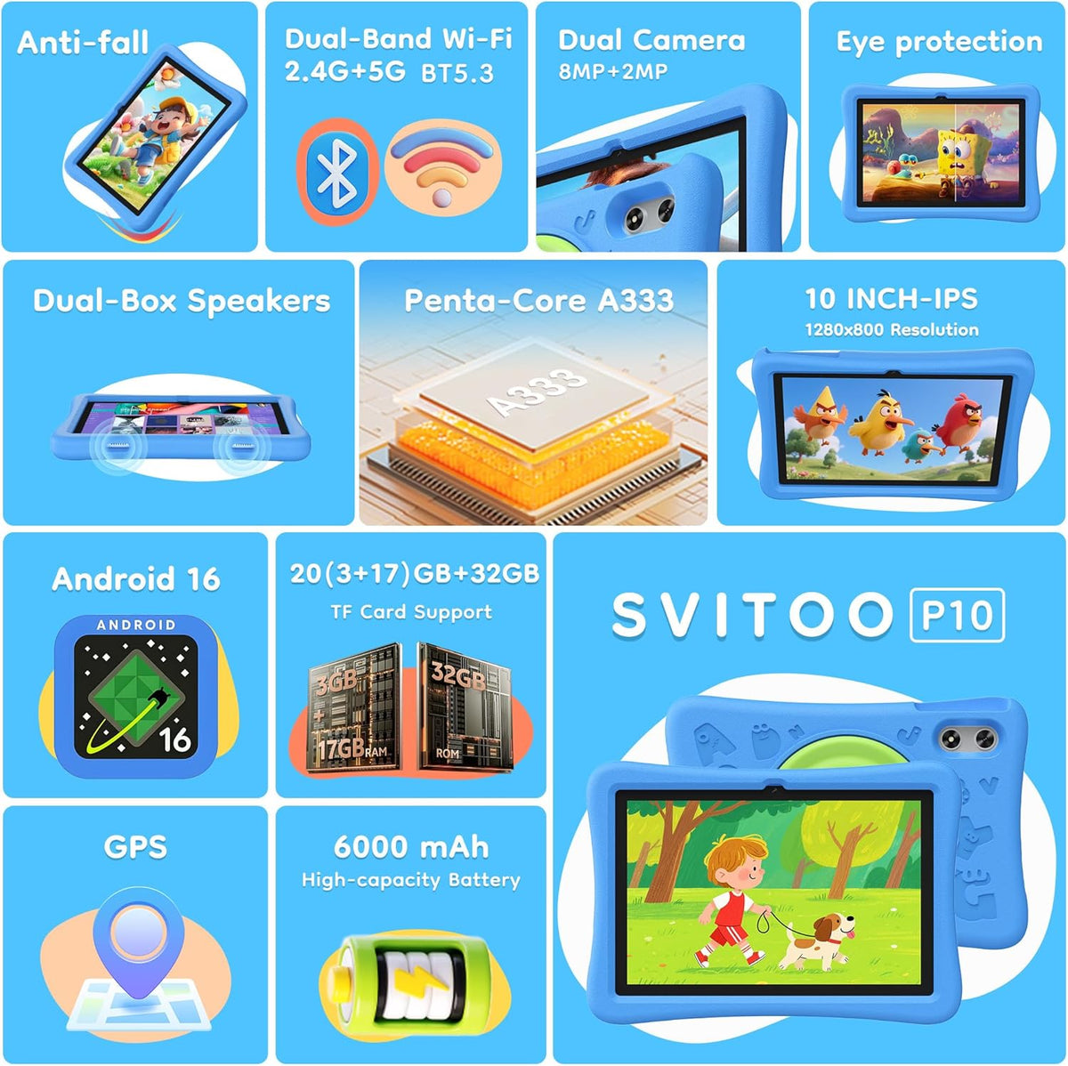 Tablette tactile enfant SVITOO 10 pouces, tablette Android pour tout-petits avec contrôle parental, 20 Go de RAM, 32 Go de ROM extensible jusqu'à 1 To, double caméra, batterie 6000 mAh, Wi-Fi 6, coque antichoc en EVA bleue