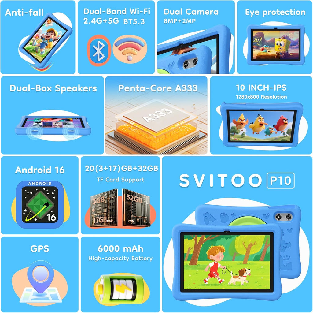 Tablette tactile enfant SVITOO 10 pouces, tablette Android pour tout-petits avec contrôle parental, 20 Go de RAM, 32 Go de ROM extensible jusqu'à 1 To, double caméra, batterie 6000 mAh, Wi-Fi 6, coque antichoc en EVA bleue