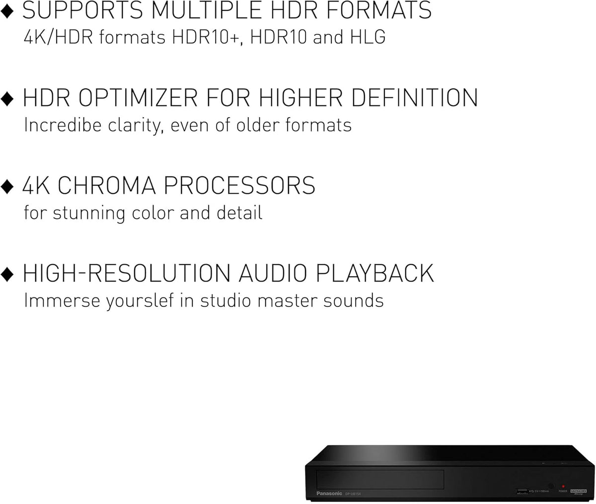 Lecteur Blu-ray 4K Panasonic : lecture vidéo Ultra HD Premium et audio haute résolution - Lecteur DVD DP-UB154P-K (noir) – Modèle pratique