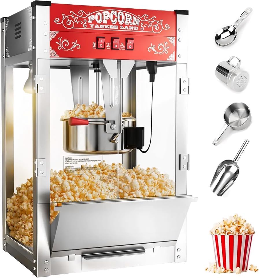 Machine à popcorn commerciale 16 oz, 1440 W, machine à popcorn de cinéma, machine à popcorn de table rouge dotée de commande à 3 interrupteurs et portes en verre trempé à cadre en acier