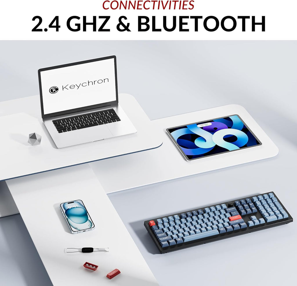 Clavier mécanique à connectivité sans fil Keychron V6 Max, Bluetooth 5.1 2,4 GHz, format QMK complet, rétroéclairage RGB, interrupteurs rouges silencieux remplaçables à chaud, compatible Mac, Windows et Linux.