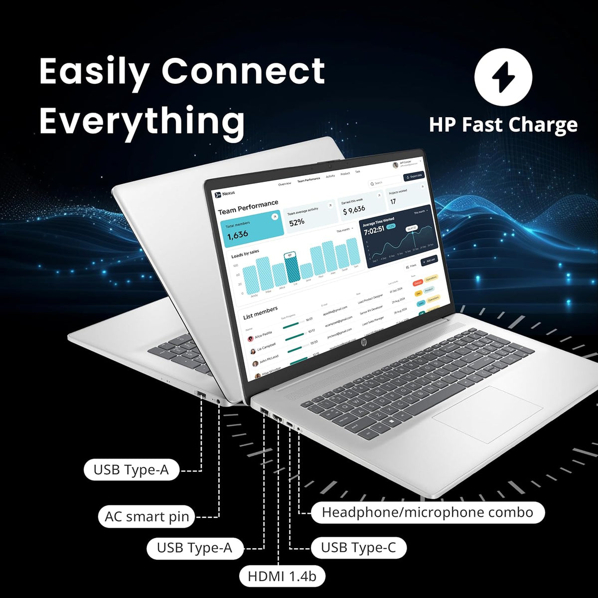 Ordinateur compact portable HP 17,3" FHD IPS antireflet, processeur Intel 7-150U, 16 Go de RAM, 2 To de stockage (SSD 1 To et station d'accueil 1 To), carte graphique Intel, pavé numérique, Wi-Fi 6, webcam 1080p, charge rapide, Windows 11 Famille