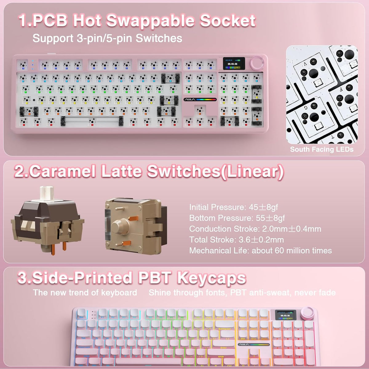 AULA F108 PRO - Clavier mécanique à connectivité sans fil doté de écran et molette, clavier complet doté de batterie 8000 mAh, commutateurs pré-lubrifiés, touches PBT imprimées latéralement, rétroéclairage RGB, touches roses personnalisables et…