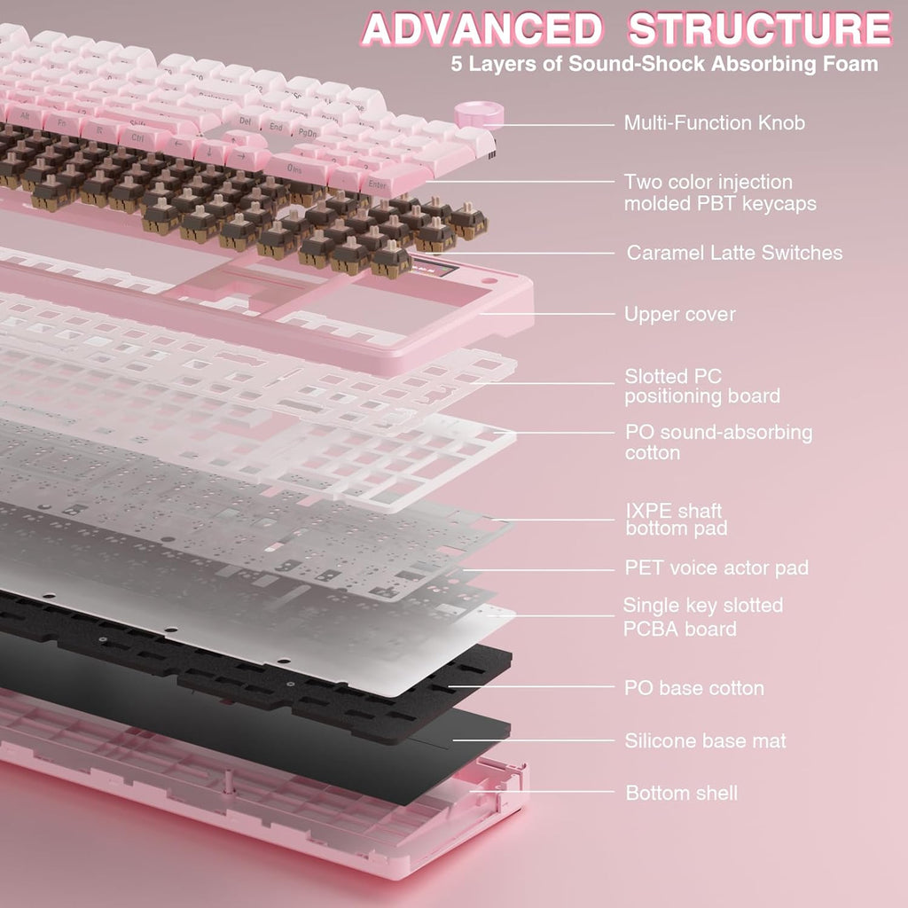 AULA F108 PRO - Clavier mécanique à connectivité sans fil doté de écran et molette, clavier complet doté de batterie 8000 mAh, commutateurs pré-lubrifiés, touches PBT imprimées latéralement, rétroéclairage RGB, touches roses personnalisables et…