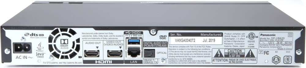 Lecteur Blu-ray 4K Panasonic UB420 doté de lecture vidéo Ultra HD Premium, audio haute résolution et assistance vocale - DP-UB420-K (Noir)