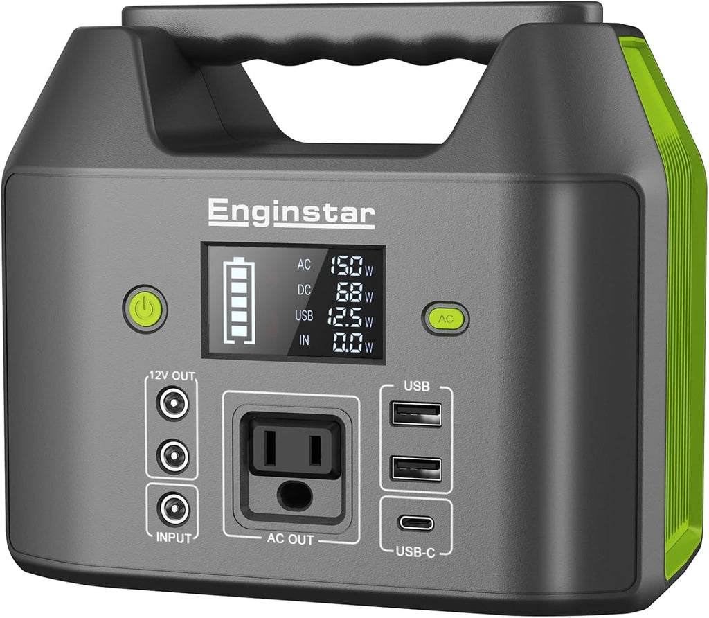 Station d'alimentation compact portable EnginStar, batterie externe 150 W 155 Wh avec prise secteur 110 V, 6 sorties, chargeur d'ordinateur compact portable et lampe LED intégrée pour la maison et le camping.