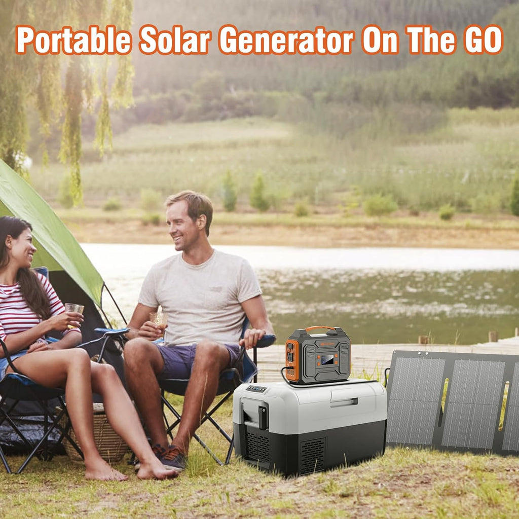 Générateur solaire compact portable avec panneaux 300 W, station d'alimentation avec panneau solaire 60 W, prise secteur 110 V, bloc d'alimentation solaire, générateur de camping, batterie externe 65 W avec alimentation CC pour ordinateur compact