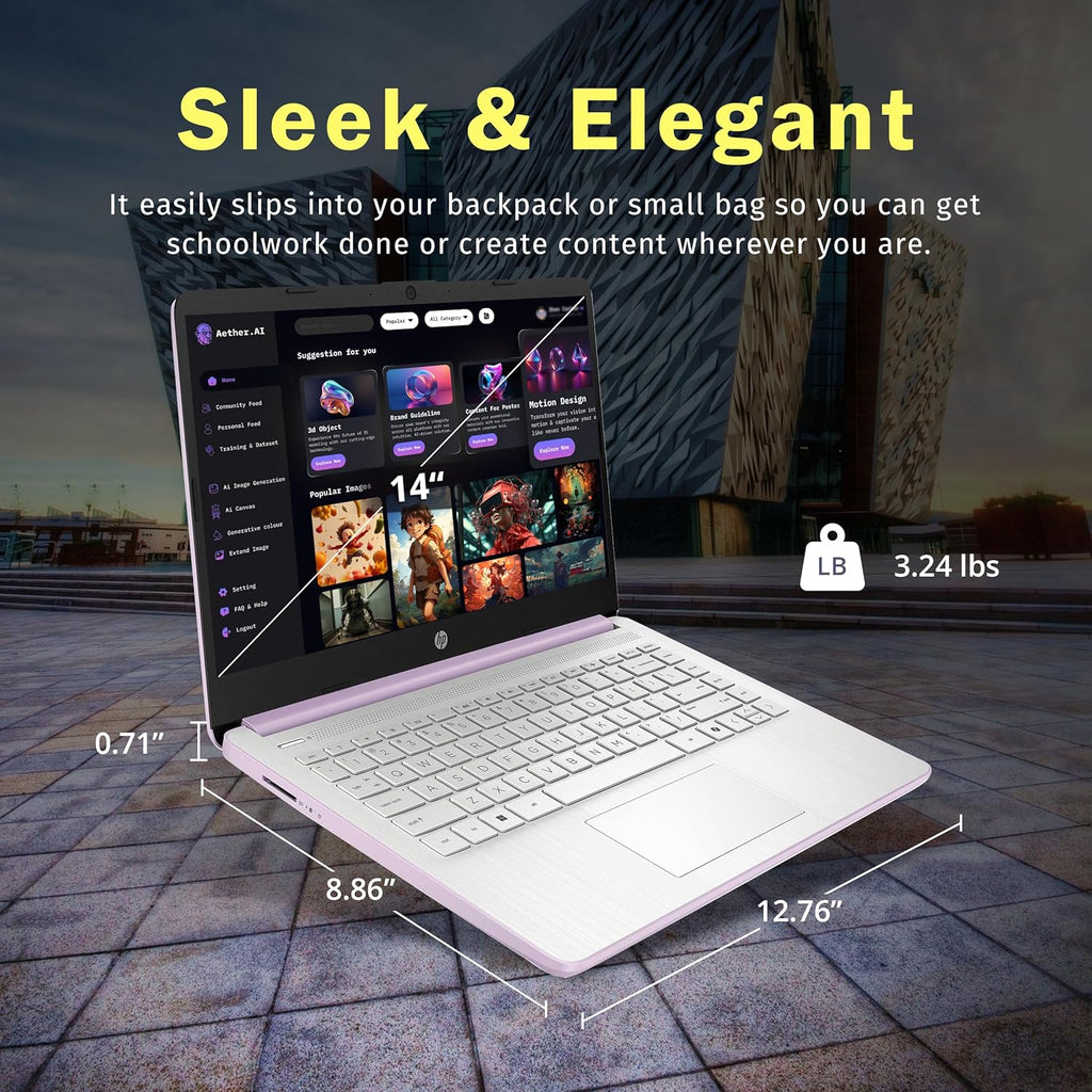 Ordinateur compact portable HP Stream 14 HD avec AI Copilot, processeur Intel N150, 4 Go de RAM, 1,12 To de stockage (128 Go UFS + station d'accueil de 1 To), carte graphique Intel, abonnement d'un an à Office 365, Wi-Fi 6, Windows 11, violet lavande