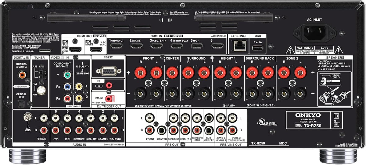 Ampli-tuner AV Onkyo TX-RZ50 9.2 canaux - 120 watts par canal - Compatible Dirac Live dès la sortie de la boîte - Fonctionne doté de Sonos - Certifié THX et plus encore