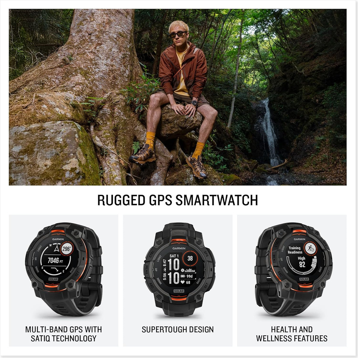 Présentation : Garmin Instinct® 3 45 mm, montre connectée GPS robuste pour l'extérieur, avec écran solaire, lunette renforcée en métal et lampe torche intégrée, couleur noire.