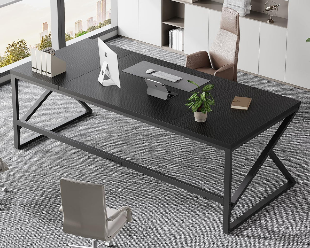 Bureau d'ordinateur HSH extra long noir, 198 cm (78 pouces), grand bureau pour deux personnes à domicile, style industriel, en métal et bois, idéal pour le travail de direction, l'écriture et les études. Table moderne noire pour PC compact portable