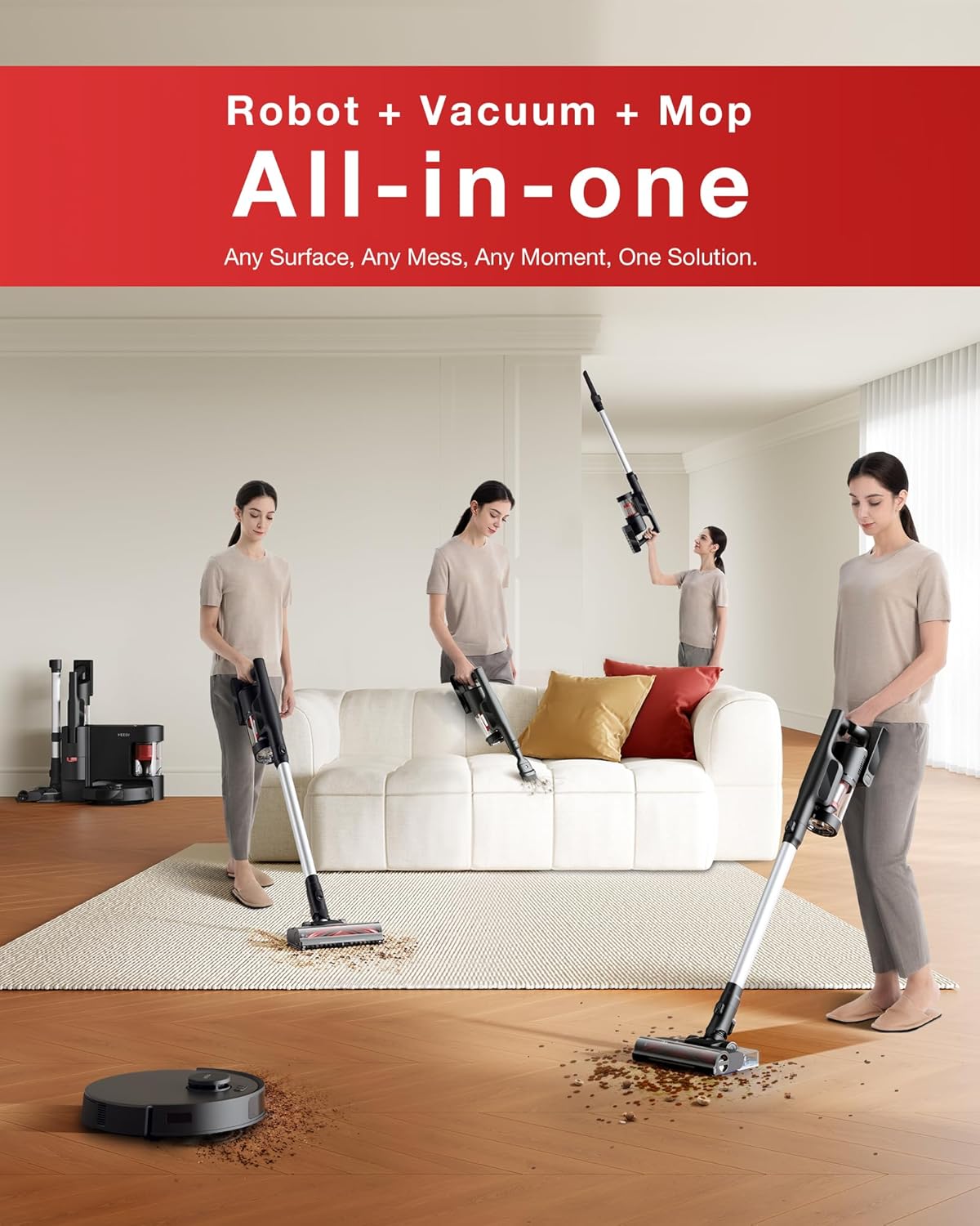 Aspirateur balai à connectivité sans fil Yeedi C12, robot laveur de sols et serpillère tout-en-un, doté de double vidage automatique, aspiration de 10 000 Pa et brosse ZeroTangle légère pour sols durs, tapis et poils d'animaux.