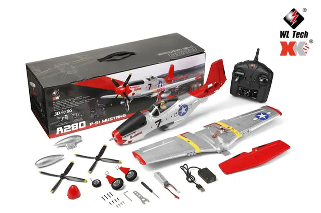 Avion radiocommandé A280 2,4 GHz 4 canaux 3D/6G, simulateur de chasseur P51 doté de projecteur LED, jouet pour enfants (blanc)