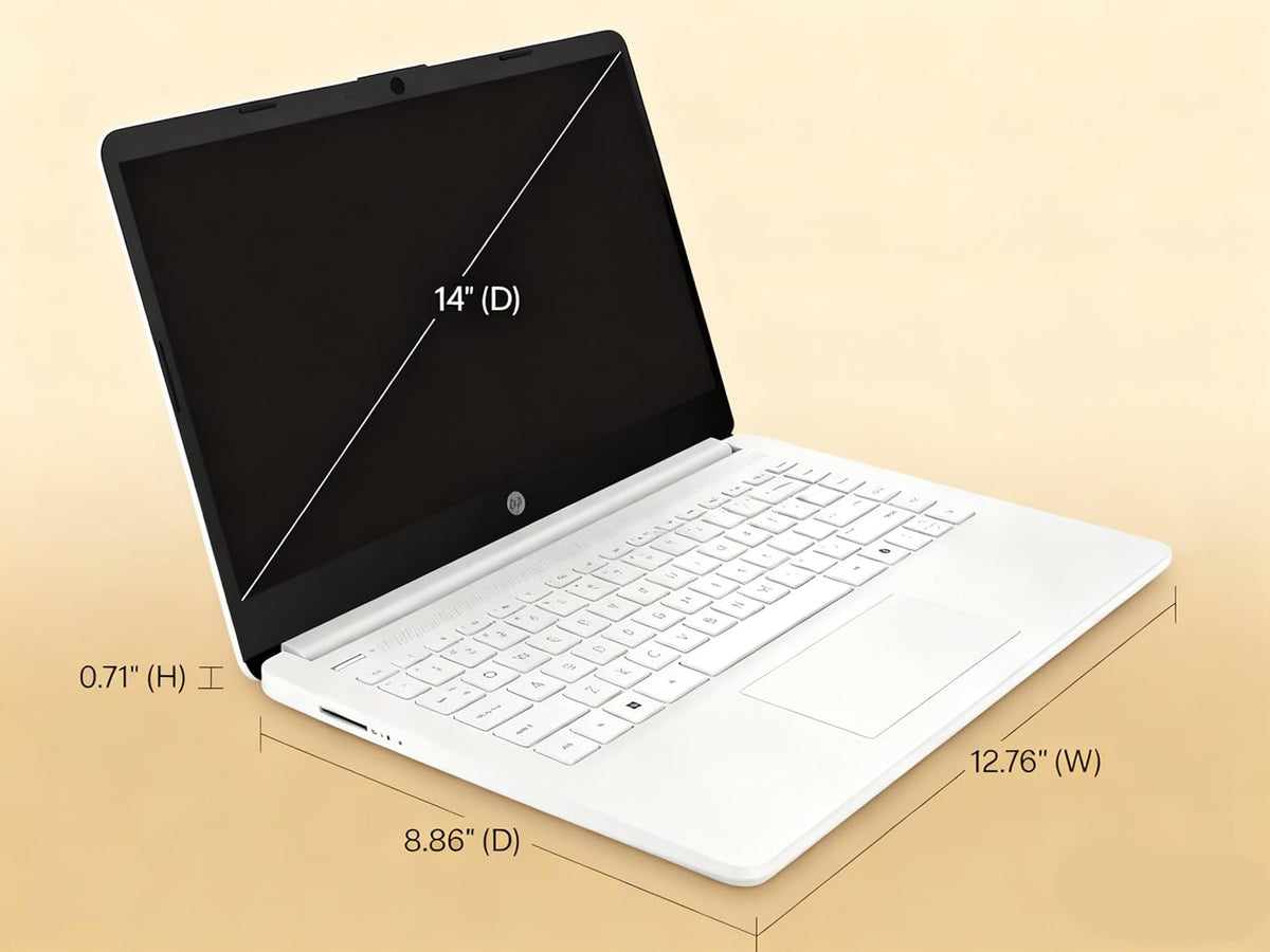 Ordinateur compact portable HP 14 HD - Processeur Intel Celeron, 8 Go de RAM, 64 Go de stockage eMMC - Léger et doté d'une autonomie de 12 h - Design élégant avec de nombreux ports - Webcam et micro intégrés - Idéal pour les professionnels, les