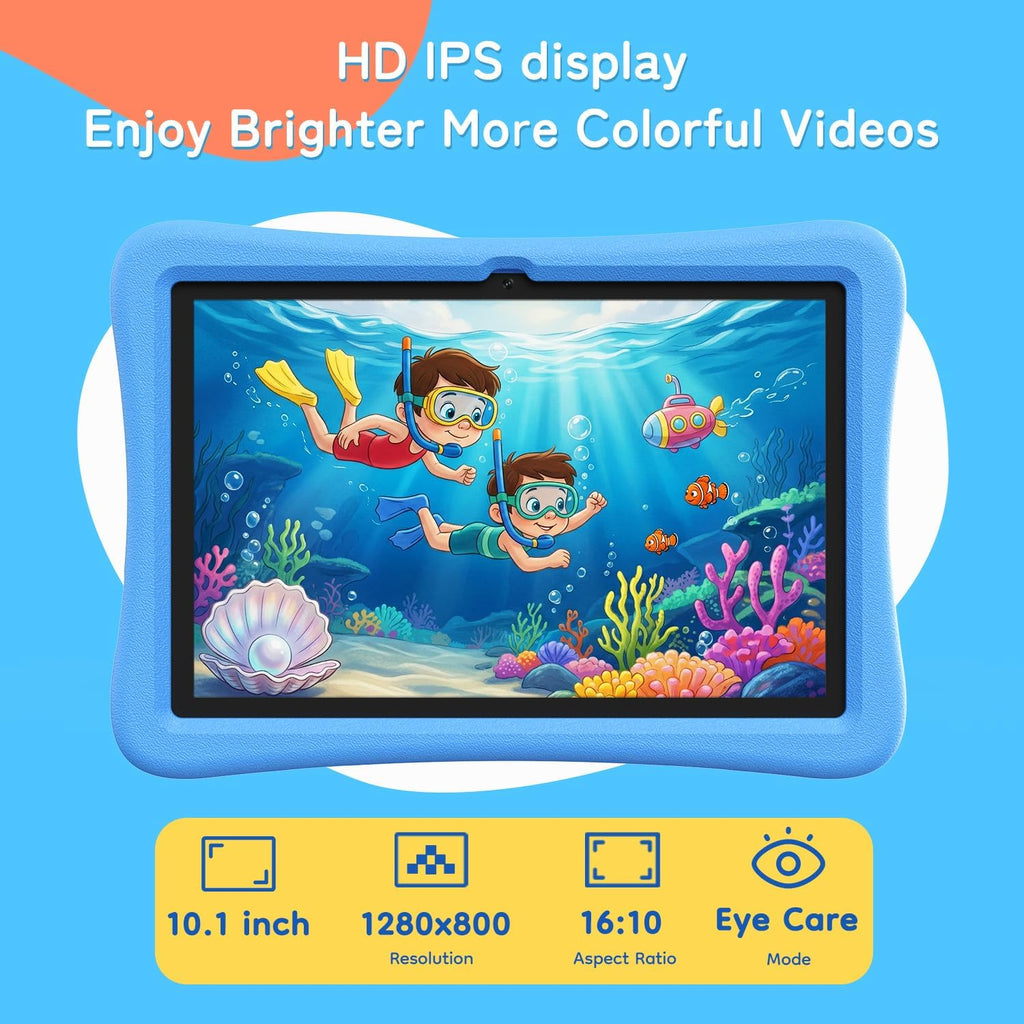 Tablette tactile enfant SVITOO 10 pouces, tablette Android pour tout-petits avec contrôle parental, 20 Go de RAM, 32 Go de ROM extensible jusqu'à 1 To, double caméra, batterie 6000 mAh, Wi-Fi 6, coque antichoc en EVA bleue