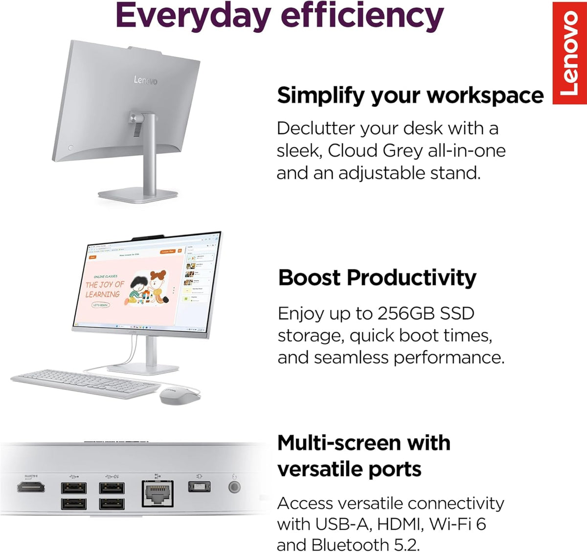 Ordinateur de bureau tout-en-un Lenovo IdeaCentre Everyday Tasks 24 Full HD • Office 365 pour le Web • Processeur Intel quadricœur • SSD de 256 Go • 8 Go de RAM • Clavier et souris • Windows 11 – Modèle pratique