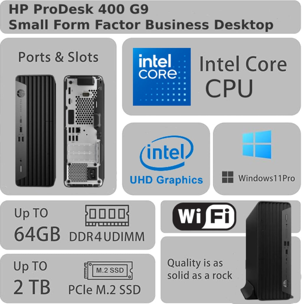 Ordinateur de bureau professionnel HP ProDesk 400 G9 SFF, processeur Intel, 32 Go de RAM, SSD PCIe de 1 To, double affichage 4K, USB-C, HDMI, RJ-45, Wi-Fi, clavier et souris doté de connectivité filaires, Windows 11 Professionnel