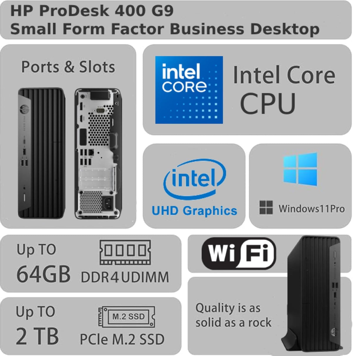 Ordinateur de bureau professionnel HP ProDesk 400 G9 SFF, processeur Intel, 32 Go de RAM, SSD PCIe de 1 To, double affichage 4K, USB-C, HDMI, RJ-45, Wi-Fi, clavier et souris doté de connectivité filaires, Windows 11 Professionnel