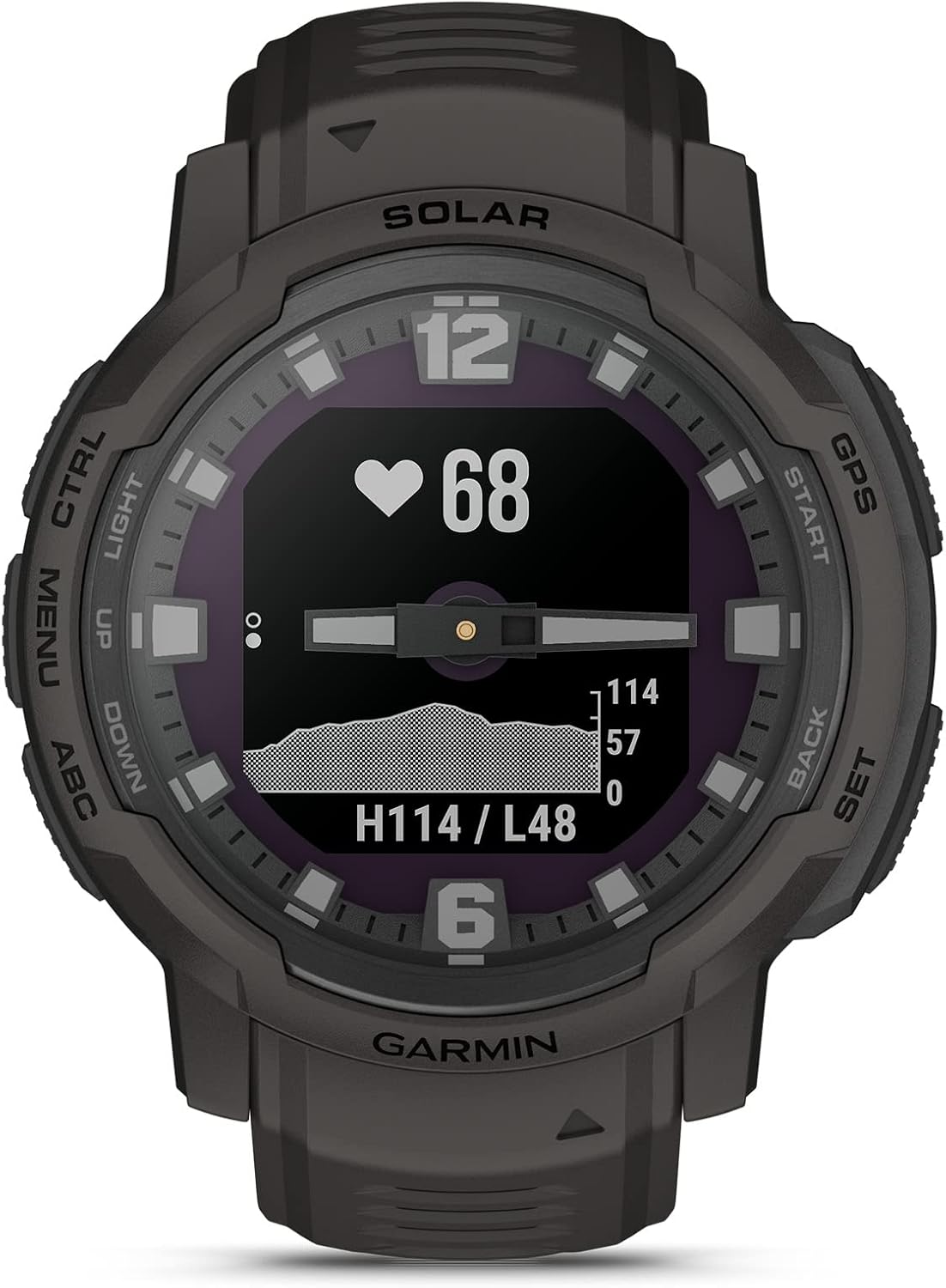 Présentation : Montre connectée hybride robuste Garmin Instinct Crossover Solar avec chargement solaire, aiguilles analogiques et affichage numérique, couleur graphite