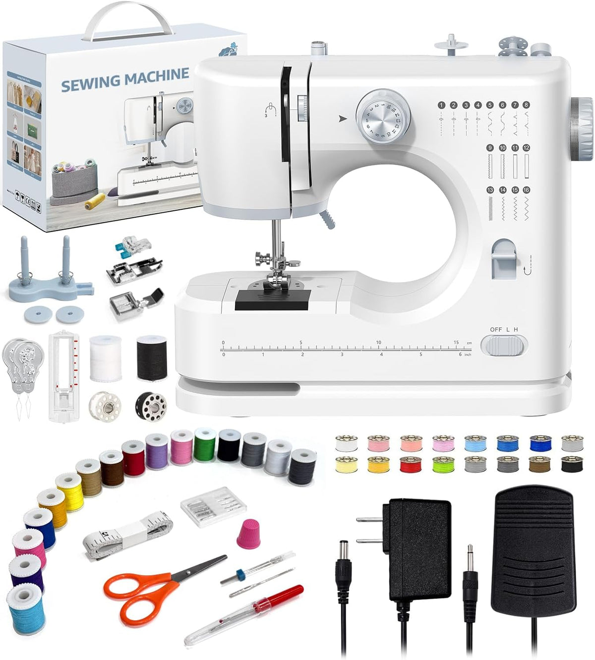 Machine à coudre pour débutants, 16 points intégrés, petite machine à coudre dotée de kit d'accessoires, 2 vitesses, pédale, tiroir de rangement, design de table portable et complet pour le bricolage à domicile (blanc cassé)