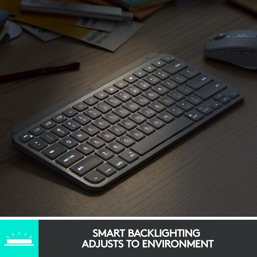 Clavier à connectivité sans fil Logitech MX Keys Mini minimaliste et rétroéclairé : au format compact, Bluetooth, USB-C, compatible doté de Apple macOS, iOS, Windows, Linux et Android. Boîtier en métal – Graphite.