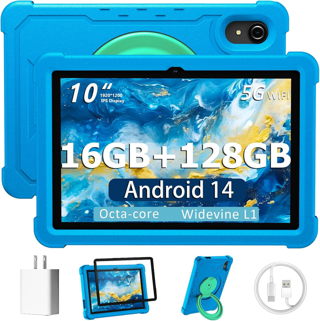 Tablette tactile HUIHUANG 10 pouces Android 14, 16 Go de RAM, 128 Go de ROM, extension jusqu'à 1 To, processeur octocœur, batterie haute capacité, double caméra 5 MP + 8 MP, Wi-Fi 5 GHz/2,4 GHz, Bluetooth 5.0, GPS, étui antichoc (bleu)