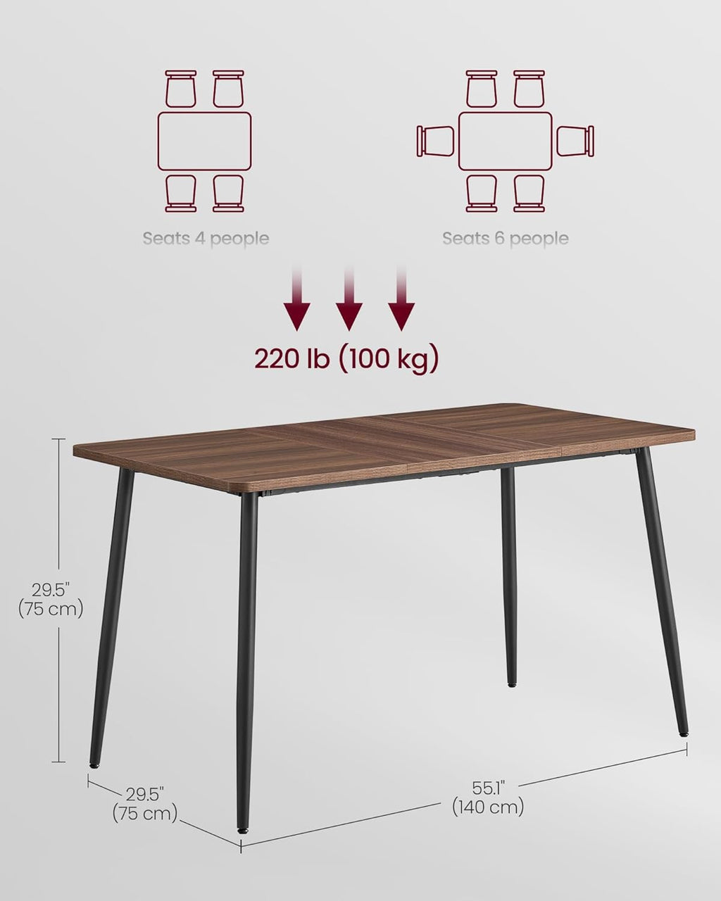 Table de salle à manger VASAGLE pour 4 à 6 personnes, style ferme moderne, montage rapide, plateau résistant à la chaleur, 140 x 75 x 75 cm, pour la cuisine, noyer naturel et noir encre UKDT100K02V2 pratique