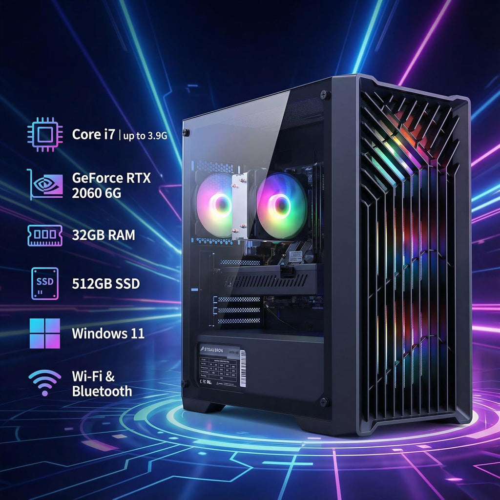 Ordinateur de bureau gaming STGAubron : processeur Intel Core i7 allant jusqu'à 3,9 GHz, carte graphique GeForce RTX 2060 6 Go, 32 Go de RAM, SSD de 512 Go, Wi-Fi 6, Bluetooth 5.0, 4 ventilateurs RGB, Windows 11 Famille.