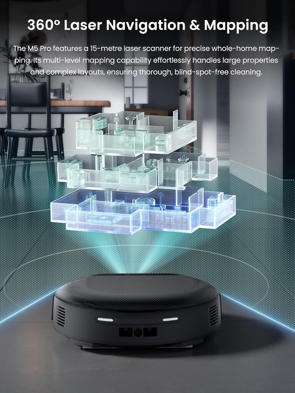 Aspirateur et laveur robot Lefant LiDAR, aspiration de 18 000 Pa, détection d'obstacles PSD 2.0, aspirateur robot tout-en-un doté de vidage automatique après 120 jours, lavage autonettoyant, séchage automatique, compatible Wi-Fi 2,4 GHz/5 GHz, M5 Pro