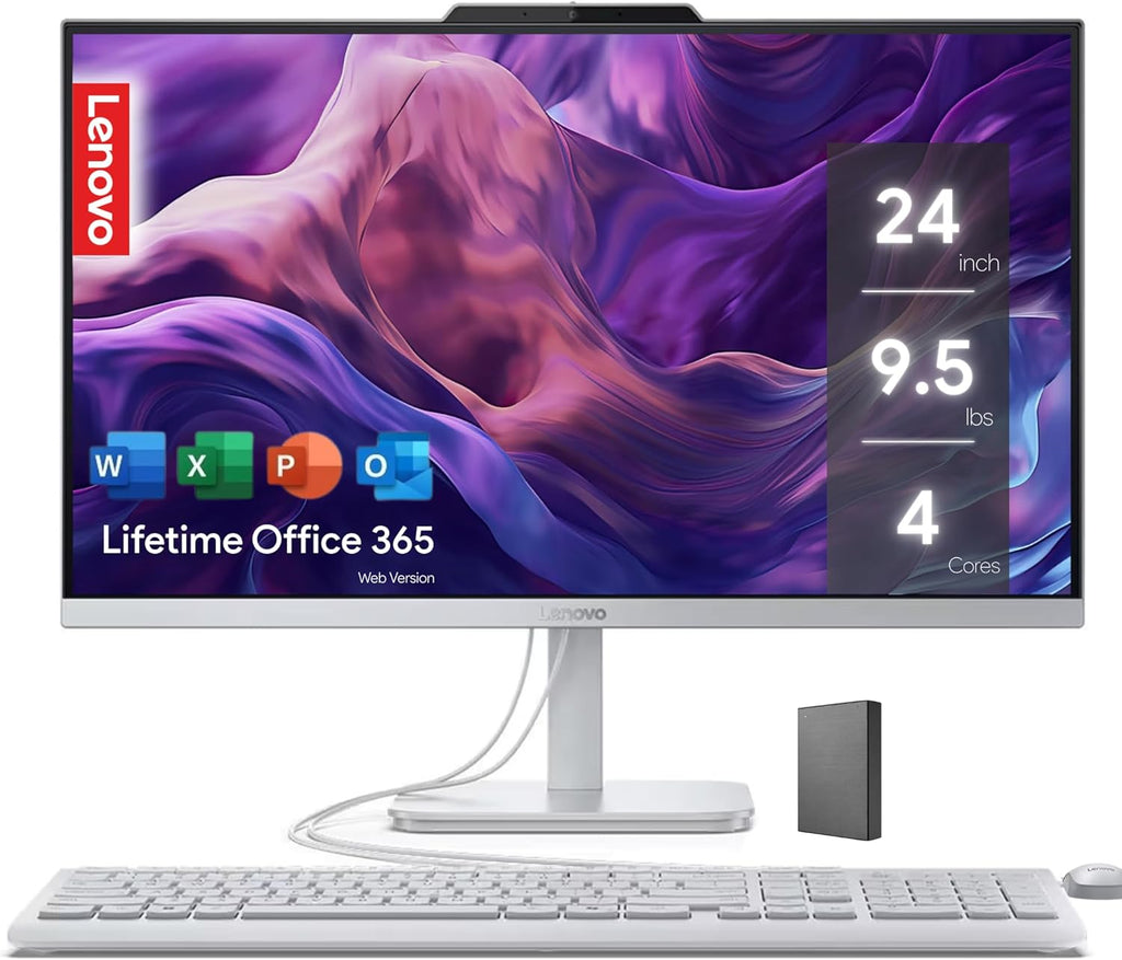 Ordinateur de bureau tout-en-un Lenovo IdeaCentre Everyday Tasks 24 Full HD • Office 365 pour le Web • Processeur Intel quadricœur • SSD de 256 Go • 8 Go de RAM • Clavier et souris • Windows 11 – Modèle pratique