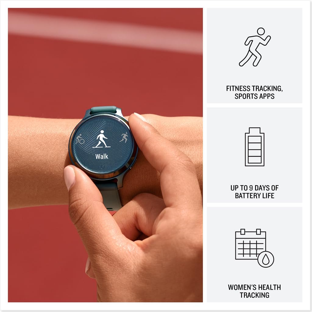 Présentation : Montre connectée Garmin Lily® 2 Active, petite et élégante, avec GPS intégré, écran dissimulé, verre à motifs, jusqu'à 9 jours d'autonomie, coloris vert jaspe et bracelet en silicone vert jaspe.