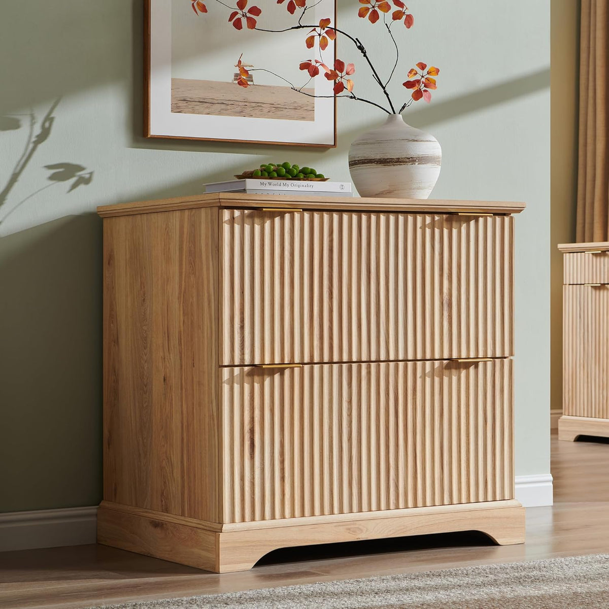 Classeur à deux tiroirs JXQTLINGMU dotée de station de charge, classeur latéral cannelé 30 pouces avec tringle de suspension pour dossiers format lettre/légal/A4, grand plateau pour imprimante, meuble de bureau en bois pour imprimante, chêne
