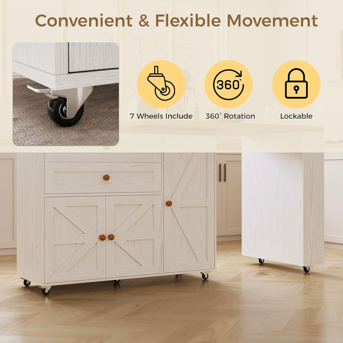 Îlot de cuisine mobile IRONCK dotée de rangement, chariot de cuisine de 180 cm avec 3 étagères et tiroirs, plateau pivotant à 360° et porte-épices, blanc