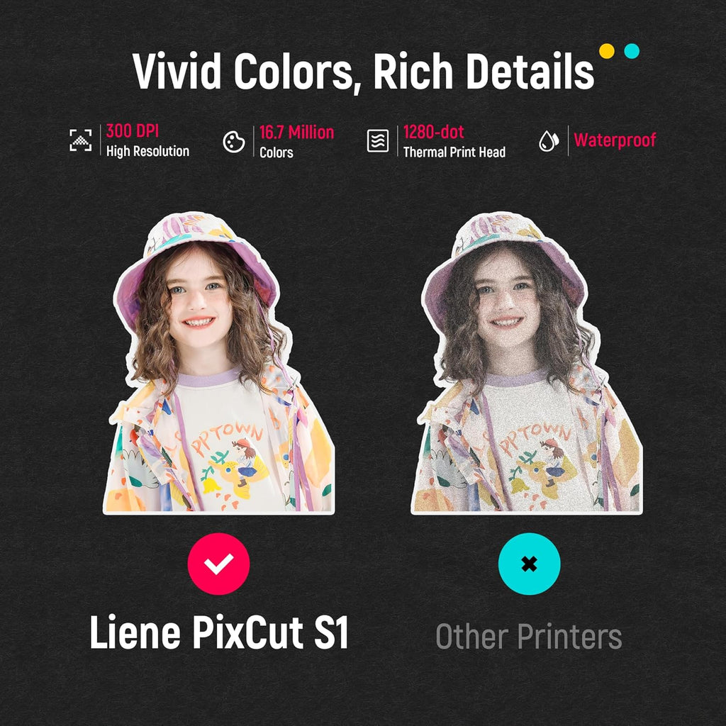 Liene PixCut S1 Imprimante et découpeuse d'autocollants couleur – Créatrice d'autocollants tout-en-un pour loisirs créatifs, étiquettes personnalisées et cadeaux. Imprimante photo à sublimation thermique 300 DPI, découpe automatique IA précise.