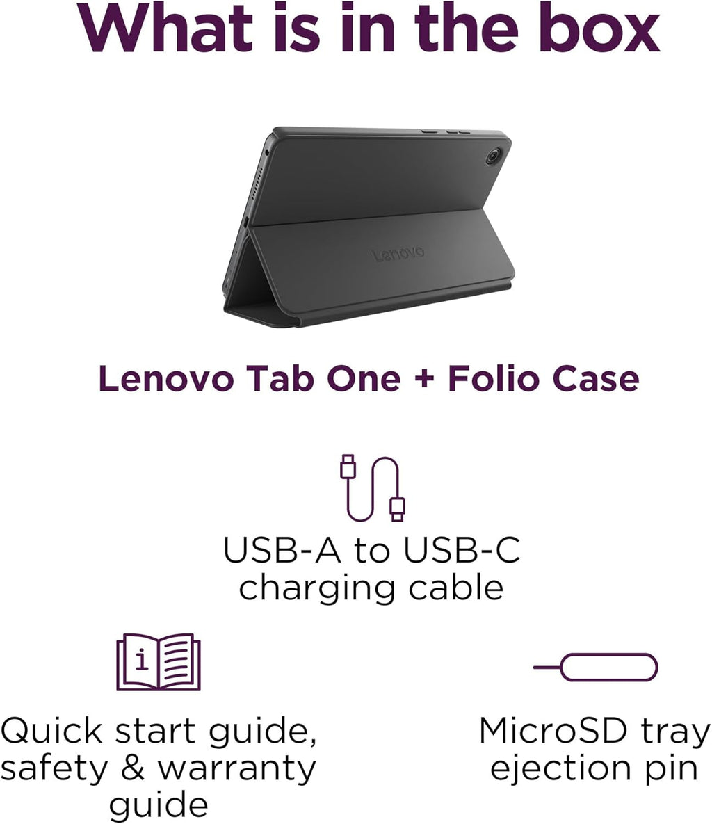 Lenovo Tab One - Tablette tactile légère - Jusqu'à 12,5 heures de streaming YouTube - Écran HD 8,7 pouces - 4 Go de mémoire - 64 Go de stockage - Processeur MediaTek Helio G85 - Étui folio inclus