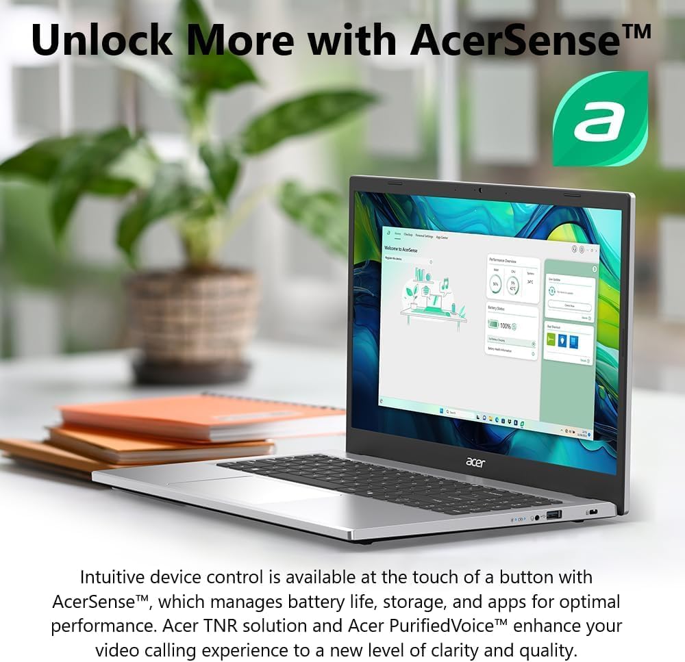 Ordinateur compact portable Acer Aspire Slim | Écran Full HD 15,6 pouces | Processeur Intel Core 3 N355 à 8 cœurs | 8 Go de RAM | SSD 128 Go | Compatible avec Copilot AI | Microsoft Office sur le Web | HDMI | Wi-Fi 6 | Windows 11 | Souris non incluse