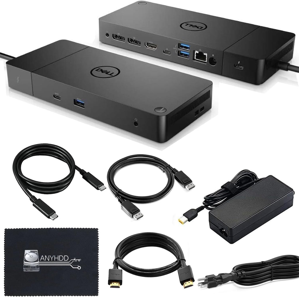 Station d'accueil Dell WD19TB Thunderbolt doté de adaptateur secteur 180 W (130 W Power Delivery), câble HDMI, câble DisplayPort, câble Thunderbolt et chiffon en microfibre inclus.