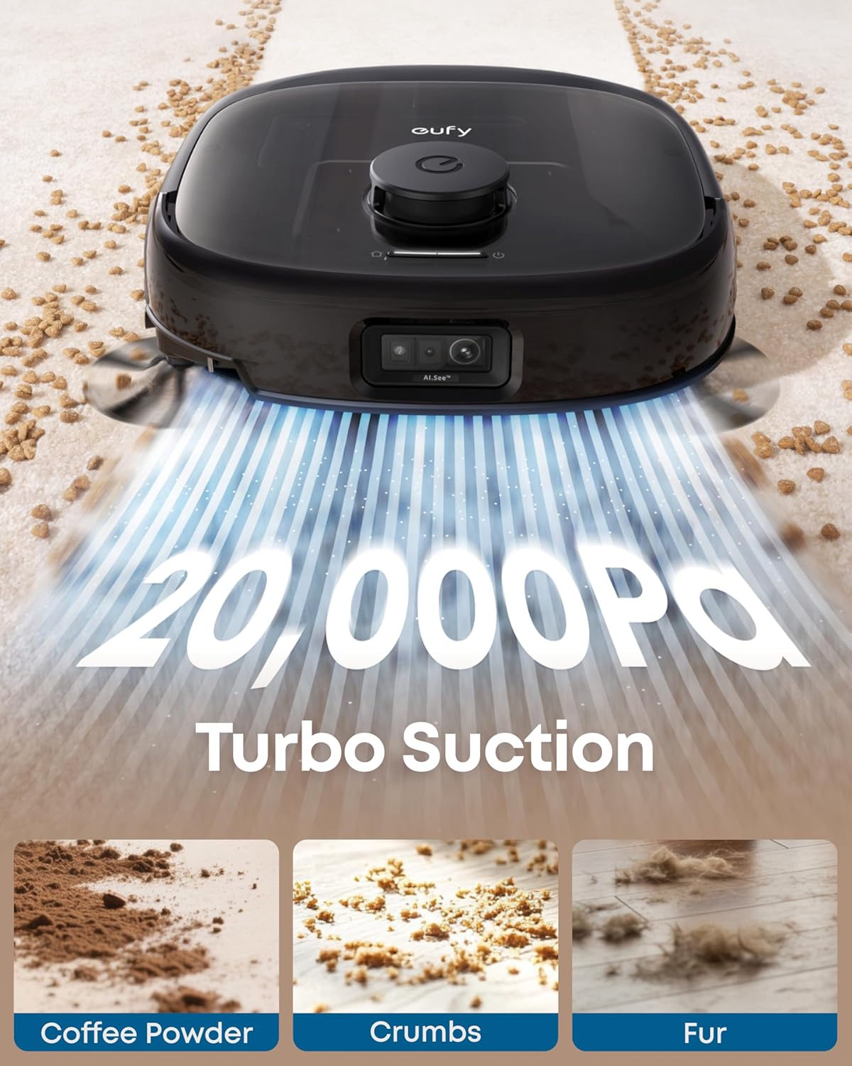 Aspirateur robot eufy E25, aspiration turbo de 20 000 Pa, balai à franges doté de système HydroJet, robot aspirateur et balai tout-en-un, nettoyage des bords et des coins, conception anti-enchevêtrement, évitement des obstacles par IA (version…