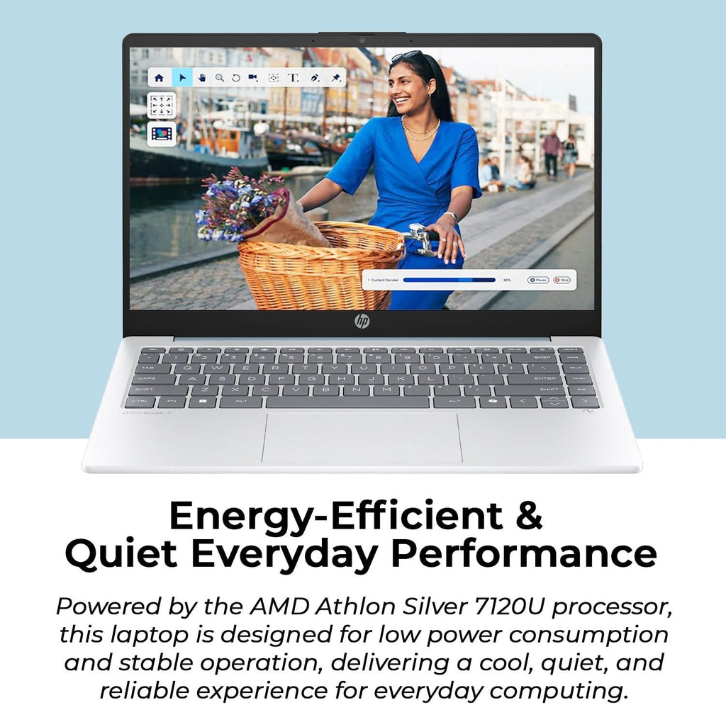 Ordinateur compact portable HP 14 Bleu clair de lune avec Office 365, processeur AMD, 4 Go de mémoire vive DDR5 intégrée, 1,1 To de stockage (128 Go SSD et 1 To OneDrive), écran HD, Windows 11, performances économes en énergie et silencieuses.