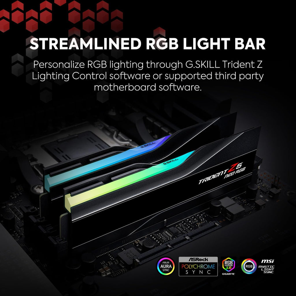 Mémoire RAM G.SKILL Trident Z5 Neo RGB Series DDR5 (AMD Expo) 64 Go (2 x 32 Go) 6 000 MT/s CL30-40-40-96 1,40 V pour ordinateur de bureau U-DIMM - Noir mat (F5-6000J3040G32GX2-TZ5NR) – Modèle pratique