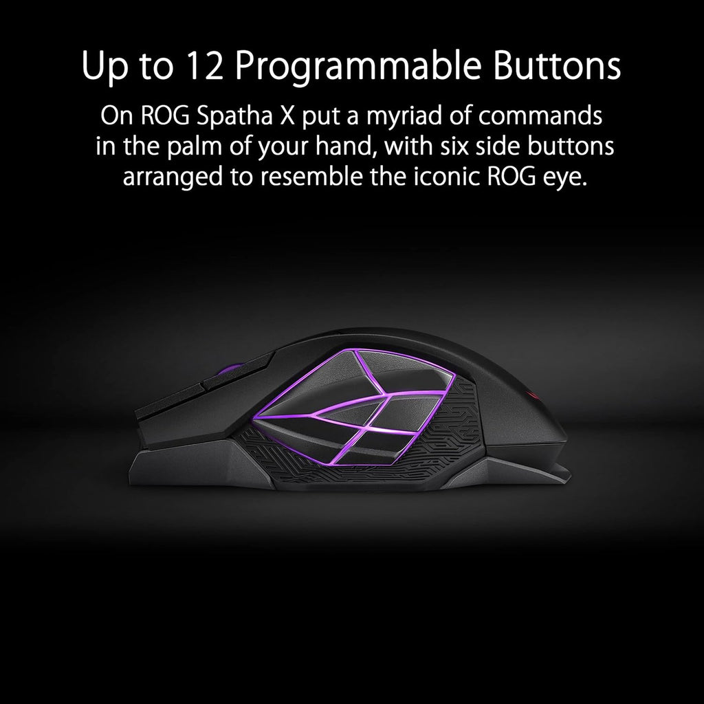 Souris gaming à connectivité sans fil ASUS ROG Spatha X – Design MMO/MOBA, 12 boutons programmables, pour droitier, 168 g, double mode (doté de connectivité filaire/2,4 GHz), 19 000 DPI, allant jusqu'à 67 h d'autonomie, station de charge magnétique…