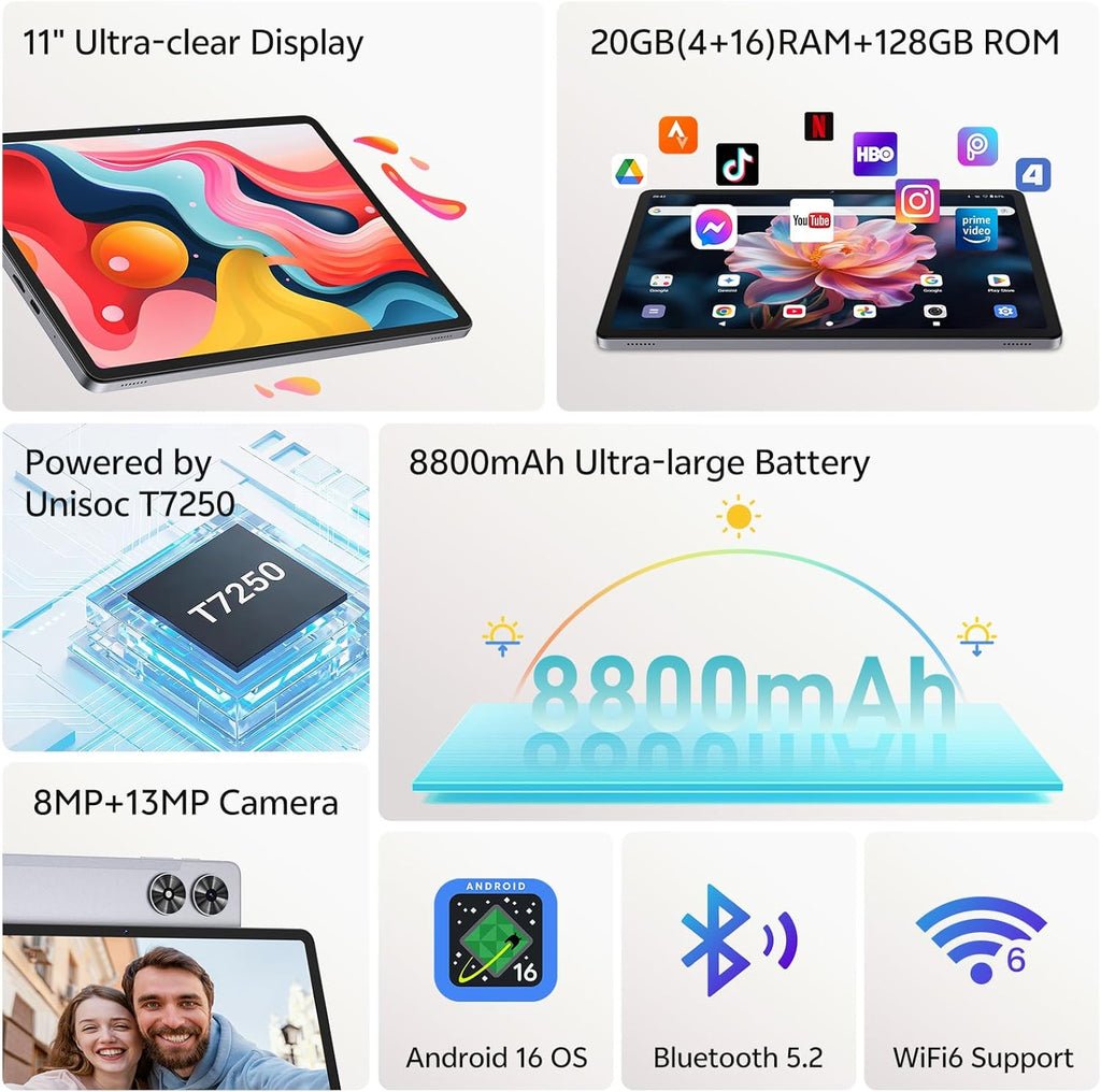 Tablette tactile Android 16 avec clavier, 11 pouces, processeur octocœur et intelligence artificielle Gemini, 20 Go de RAM + 128 Go de ROM (extensible jusqu'à 1 To), double caméra 13 MP + 8 MP, batterie 8 800 mAh, Wi-Fi 6, Widevine L1, 2 en 1 avec so