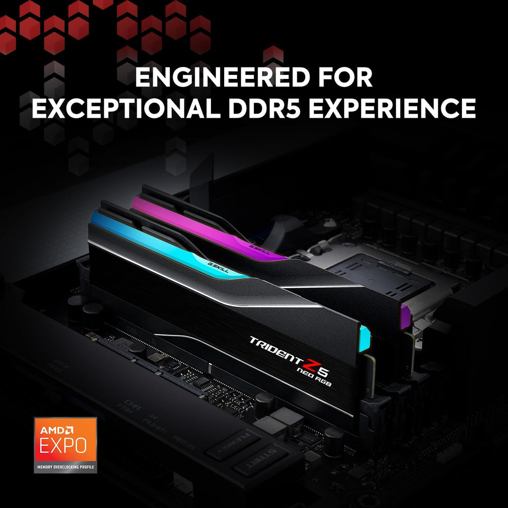 Mémoire RAM G.SKILL Trident Z5 Neo RGB Series DDR5 (AMD Expo) 64 Go (2 x 32 Go) 6 000 MT/s CL30-40-40-96 1,40 V pour ordinateur de bureau U-DIMM - Noir mat (F5-6000J3040G32GX2-TZ5NR) – Modèle pratique