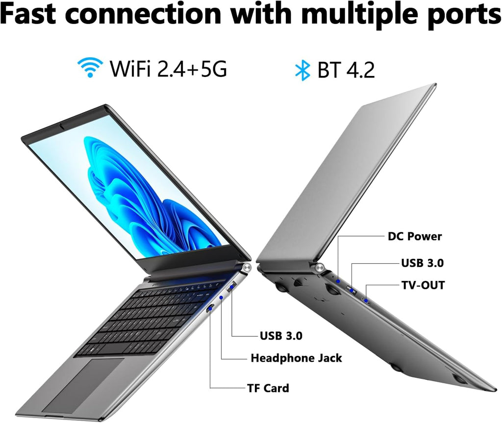 Ordinateur compact portable 16 pouces, 8 Go de RAM DDR, SSD de 256 Go extensible à 1 To, processeur quadricœur Pentium jusqu'à 2,64 GHz, batterie 9000 mAh, interface USB 3.0, Wi-Fi double bande, webcam, format fin.