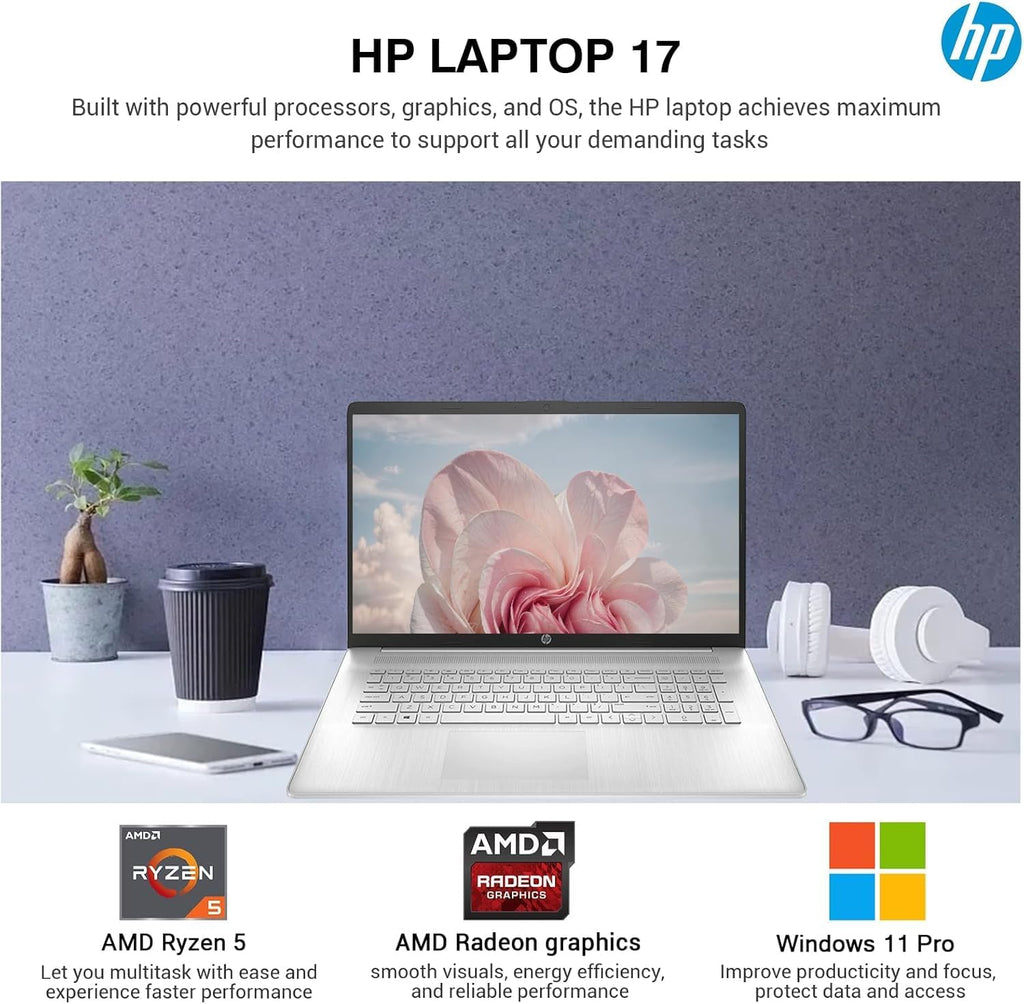 Ordinateur compact portable HP 17 Essential : PC professionnel 17,3 pouces IPS FHD, processeur AMD Ryzen 5 à 6 cœurs, 32 Go de RAM, 1,5 To de stockage (1 To SSD + 500 Go d’extension), Windows 11 Pro, Copilot AI, suite Office à vie, HubxcelAccessory